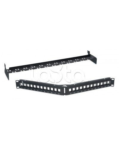 Патч-панель угловая модульная 19, 1U, 24 порта RJ-45, для неэкранированных модулей, с задним кабельным организатором (без модулей) Cabeus PLB-24-CON в Благовещенске Патч панель Pintop.ru