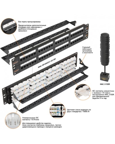 Патч-панель 19, 2U, 48xRJ45 NIKOMAX (NMC-RP48UE2-2U-BK) в Благовещенске Патч панель Pintop.ru