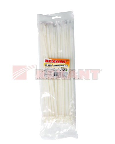 Хомут-стяжка нейлоновый 5х300 мм белый (100шт/уп) REXANT 07-1302 в Благовещенске Стяжки-хомуты Pintop.ru