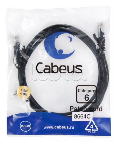 Патч-корд UTP, категория 6, 1.5 м, неэкранированный, черный Cabeus PC-UTP-RJ45-Cat.6-1.5m-BK в Благовещенске Патчкорды (медные) Pintop.ru