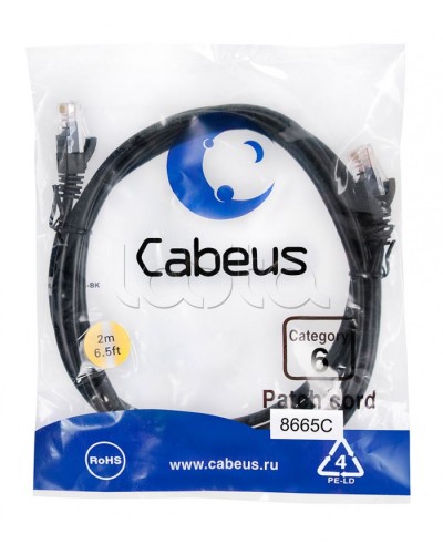 Патч-корд UTP, категория 6, 2 м, неэкранированный, черный Cabeus PC-UTP-RJ45-Cat.6-2m-BK в Благовещенске Патчкорды (медные) Pintop.ru