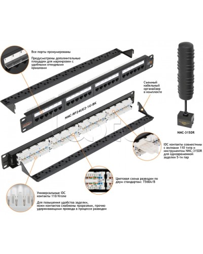 Патч-панель 19, 1U, 24xRJ45 NIKOMAX (NMC-RP24UD2-1U-BK) в Благовещенске Патч панель Pintop.ru